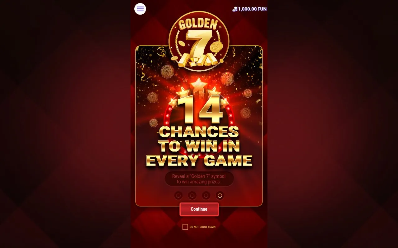 Golden 7 base game on first load: five-reel grid populated by golden-coin symbols and a Seven, sitting against a dark casino backdrop with bet and spin controls at the bottom