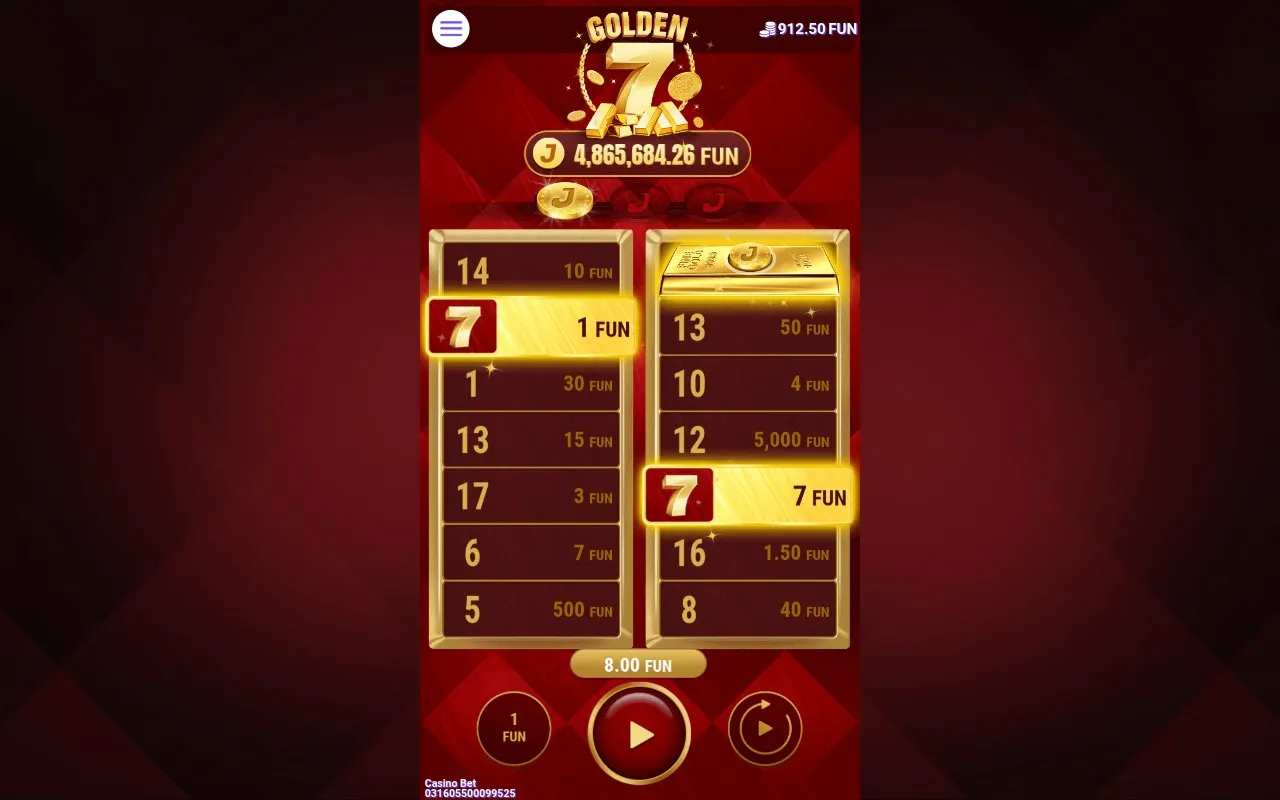 Golden 7 8-credit win on spin 283: the reels showing a moderate hit at the 1.00 stake, the second-largest single-resolve outcome of the entire 412-spin session