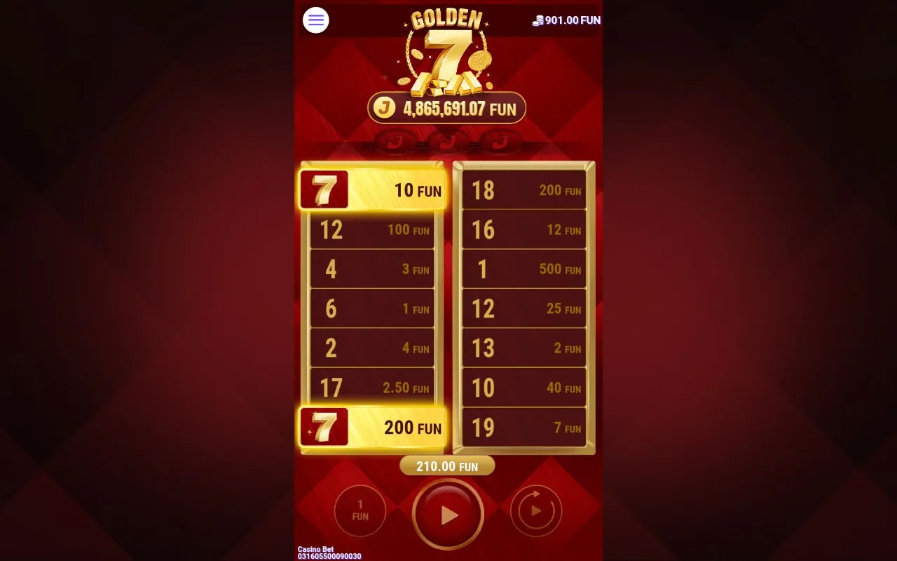 Golden 7 mid-celebration on spin 312: a 210-credit win shown on the reels with the win counter raised against the dark base-game backdrop, the single largest payout of the 412-spin session