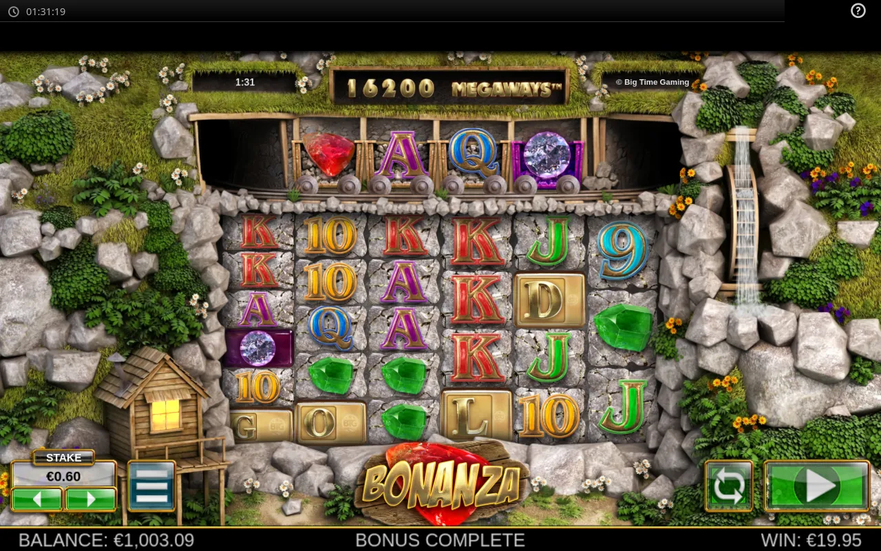 BONUS COMPLETE screen showing a 19.95 total win