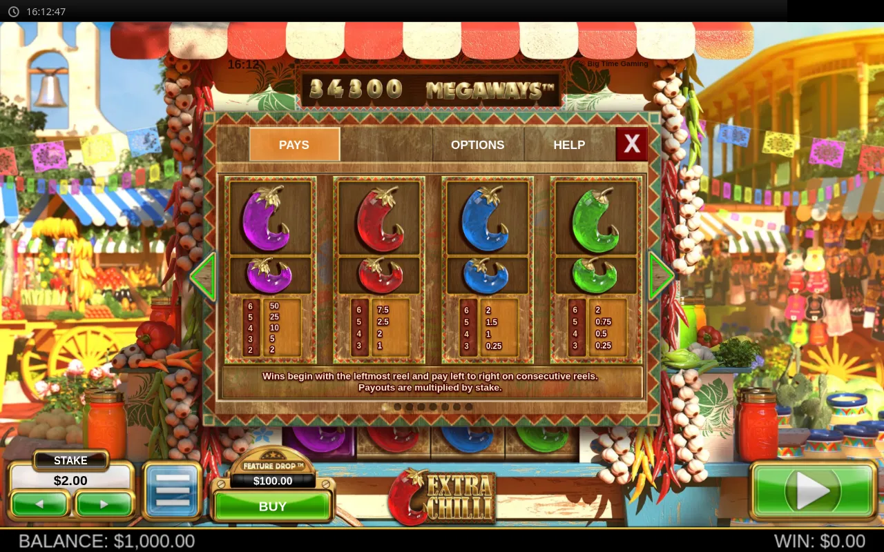 Extra Chilli pays screen showing the four coloured chillies as high symbols and the 9-to-A royals as low pays