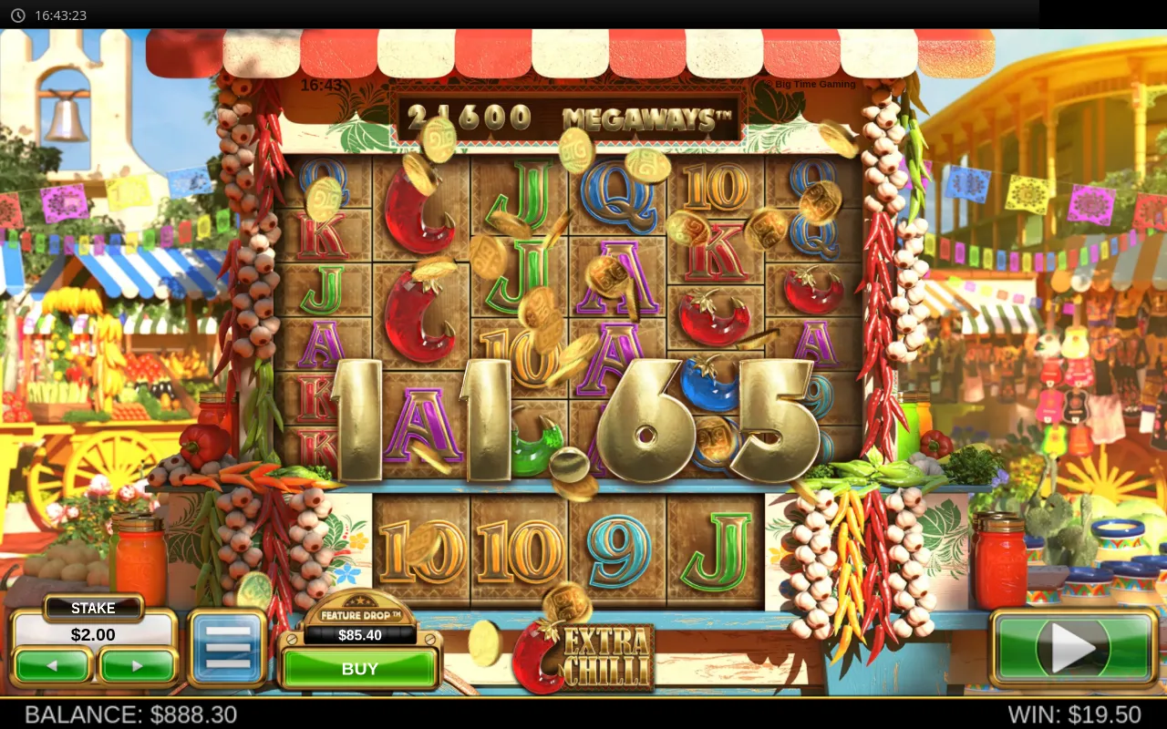 Cascade win of 19.50 with the Megaways counter at 21,600 and gold coins falling through the grid