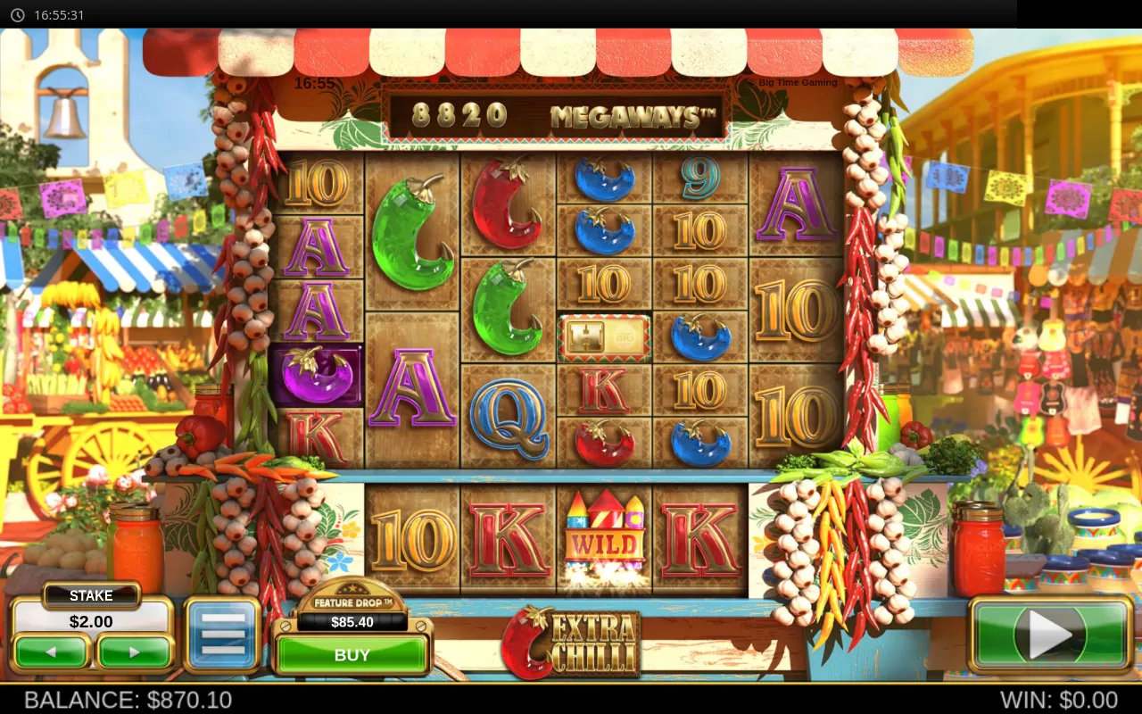 Base grid with a red WILD tile on the bottom row and the balance reading 870.10