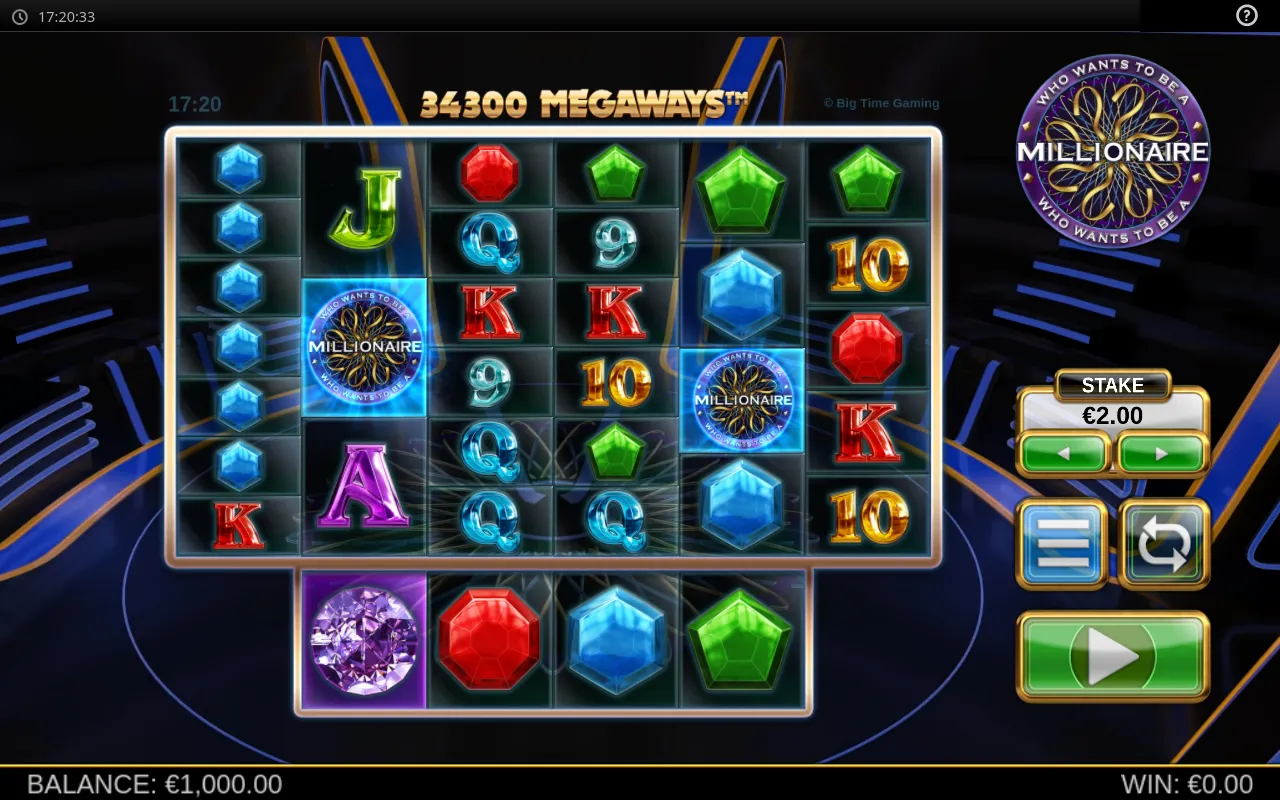 Who Wants to be a Millionaire Megaways grid open at 34,300 ways with a 1,000 balance