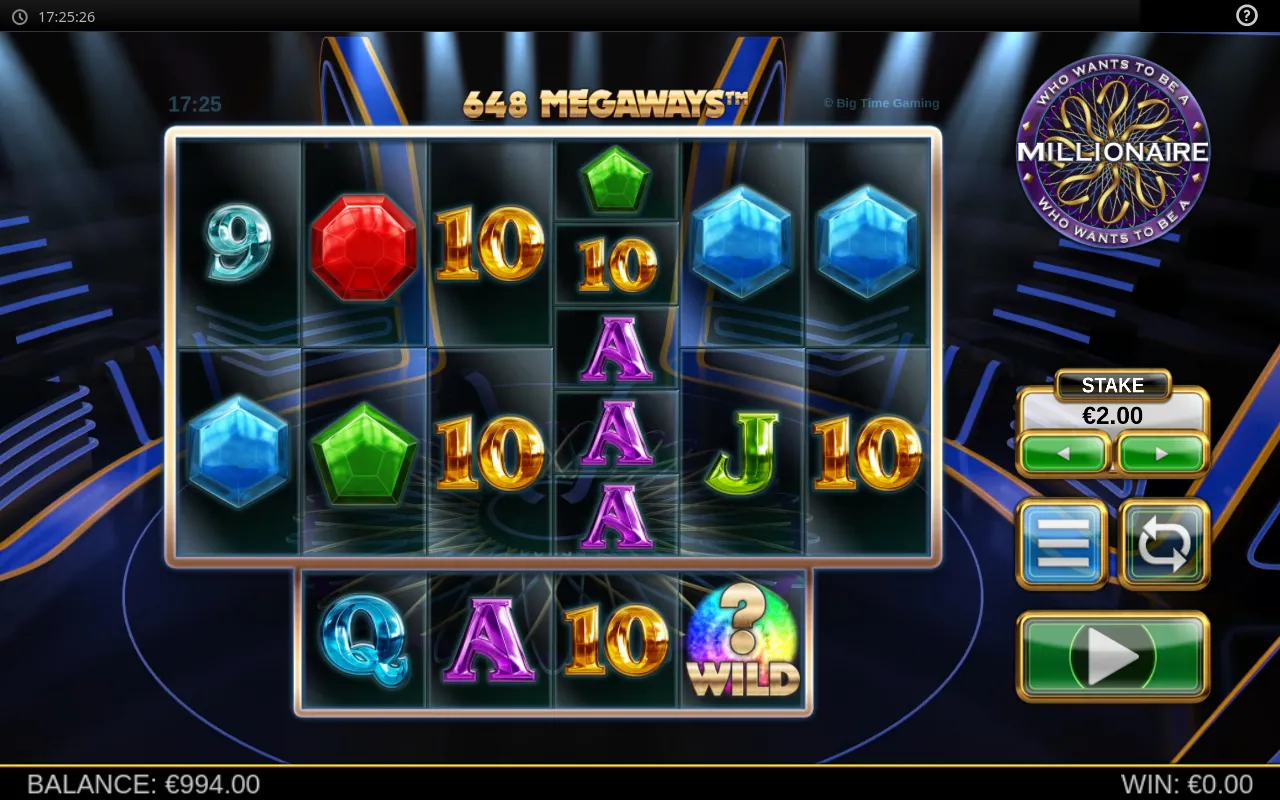 Base grid at 648 ways with stacked Aces and a question-mark Wild on the bottom reel