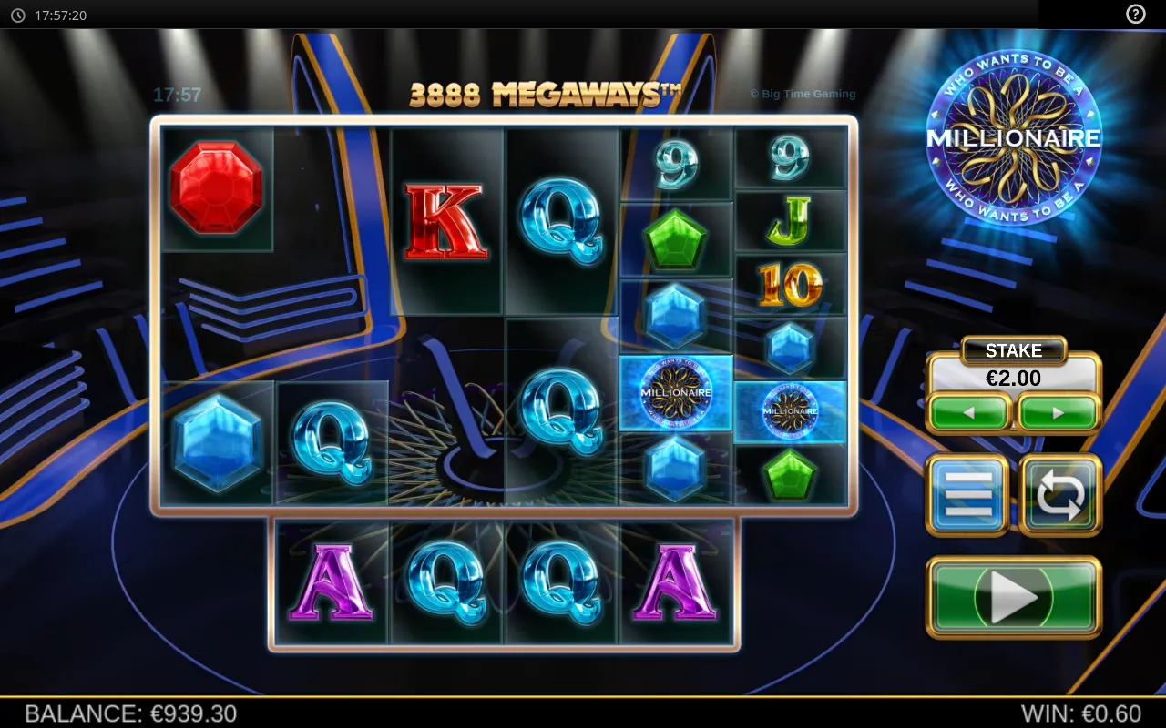 Two Millionaire scatter logos on a 3,888-ways grid, one short of the trigger