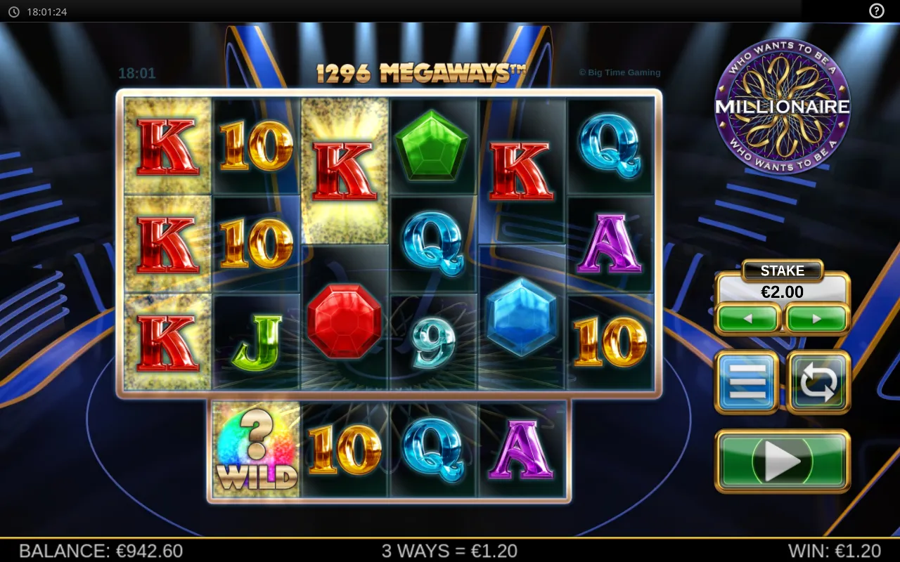 1,296-ways grid paying 1.20 on a row of Kings with the question-mark Wild below