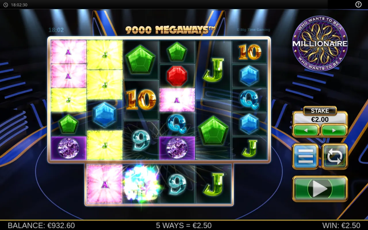 9,000-ways cascade of pink and yellow gems paying 2.50