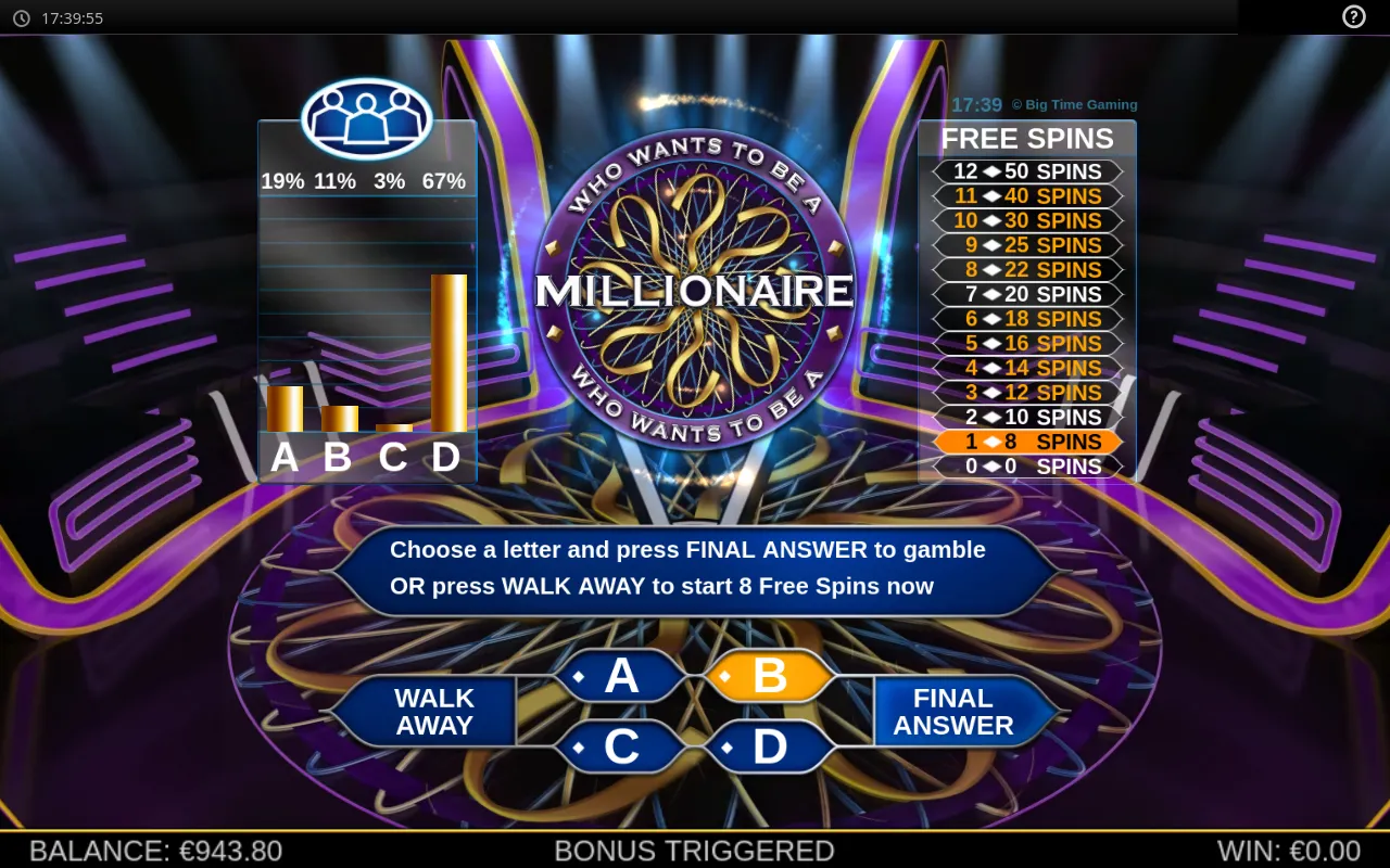Hot Seat lifeline panel with four lettered answers and their odds