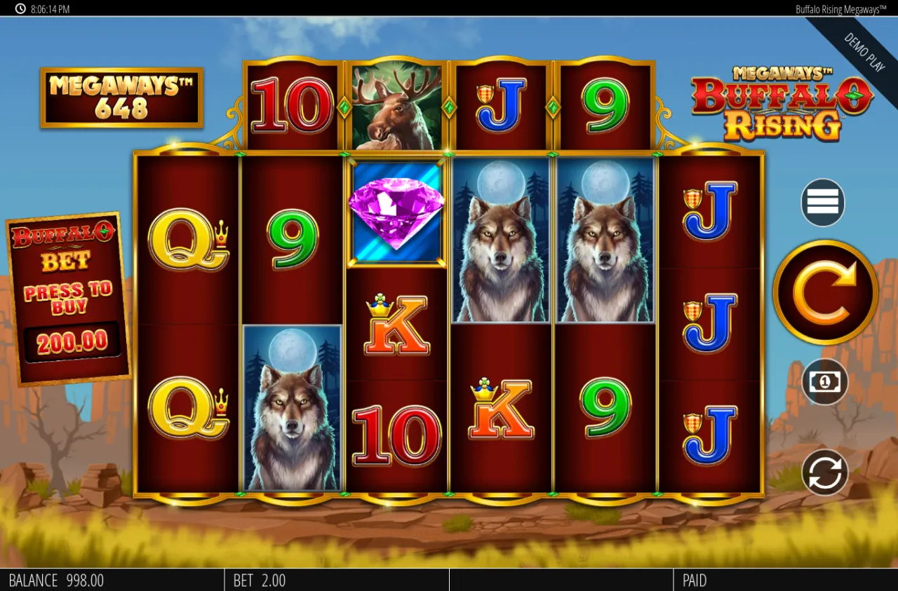 Buffalo Rising Megaways opening grid against a sunlit canyon, balance 998 and stake 2