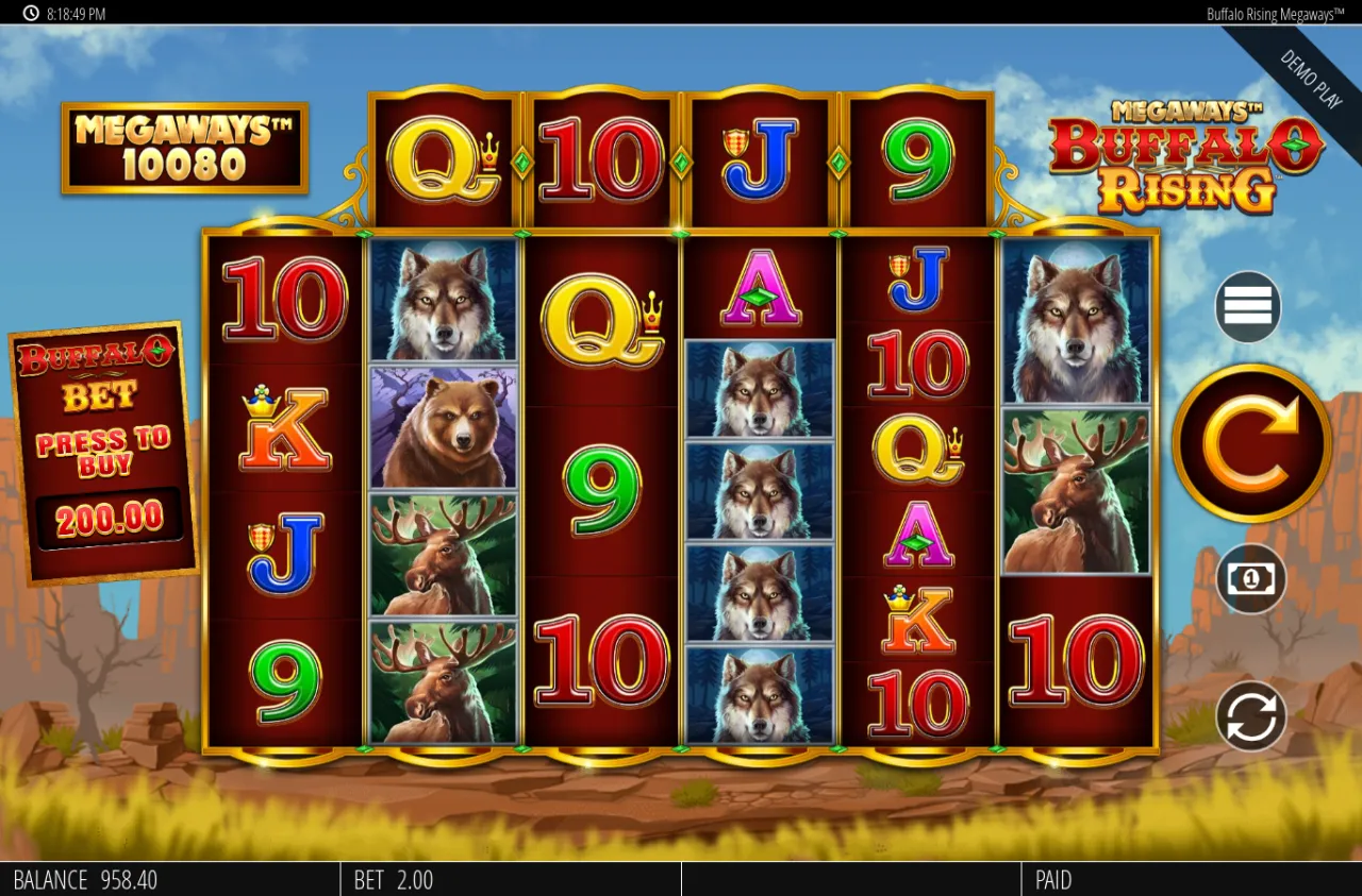 Wide base-game Megaways grid showing 10080 ways with wolves, deer and royals settled across the reels