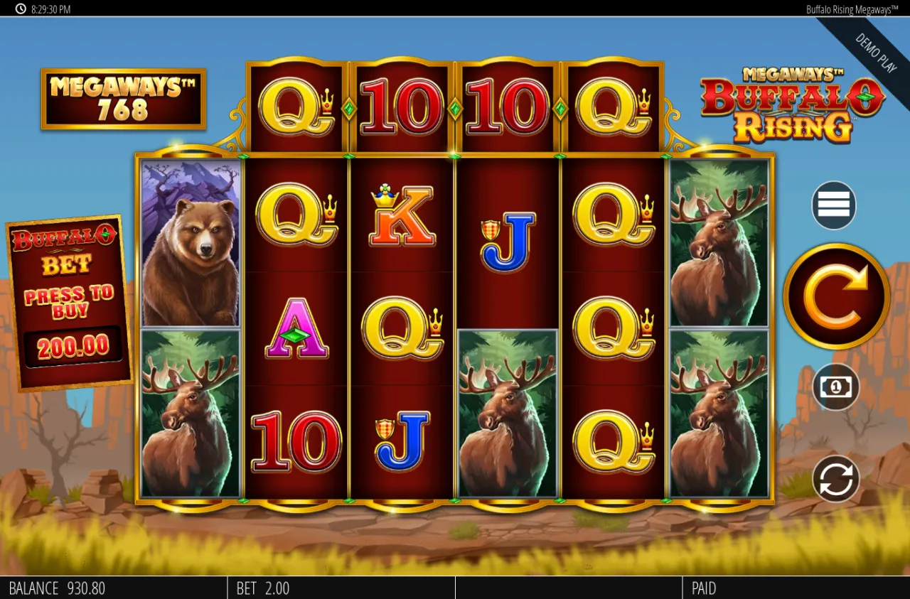 Tall narrow base settle with deer and bear stacked on the outer reels and a low 768 ways count