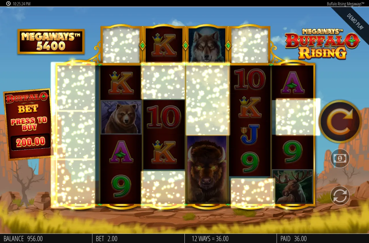Buffalo cascade lighting up the grid for a 12 ways 36.00 base-game win