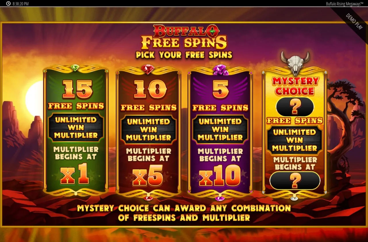 Buffalo Free Spins pick screen offering 15 spins at x1, 10 at x5, 5 at x10, or a Mystery Choice