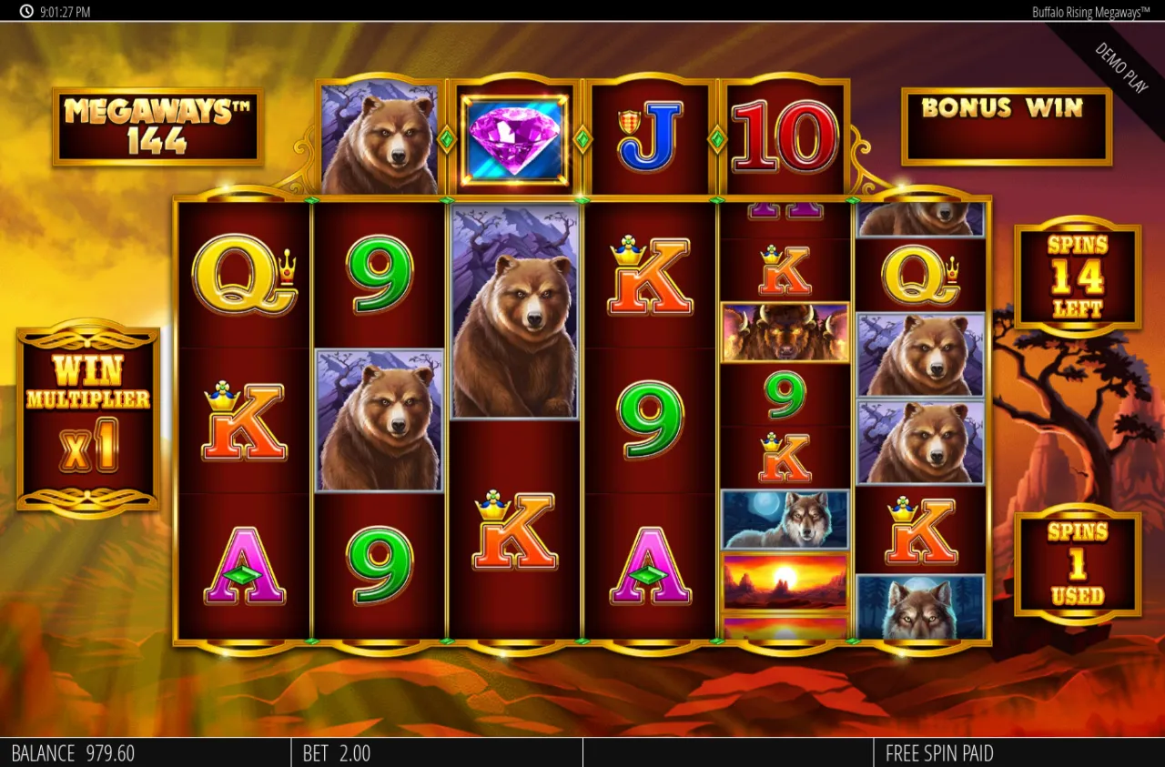 Buffalo Free Spins underway with the win multiplier pinned at x1 and 14 spins left