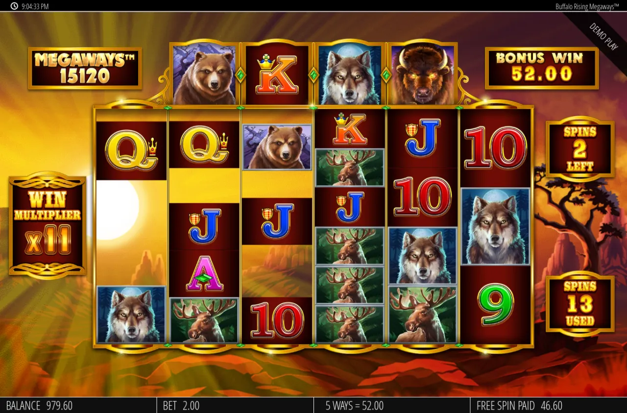 Win multiplier x11 with 15120 ways and a 5 ways 52.00 free-spin hit on the panel