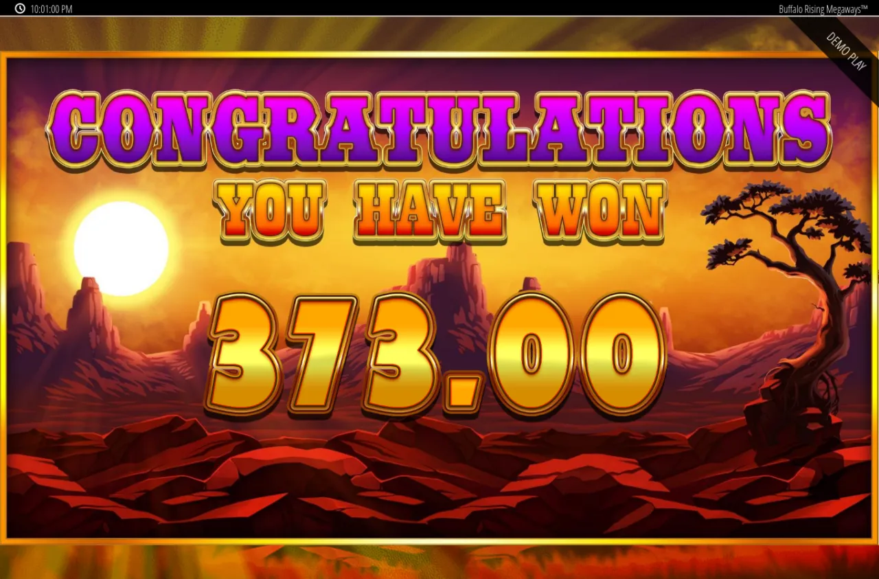 Congratulations win screen reading 373.00 over a glowing canyon