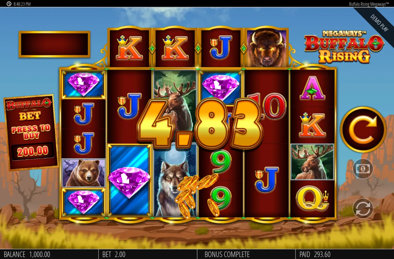 A second Buffalo Free Spins round closing with bonus complete paid 293.60