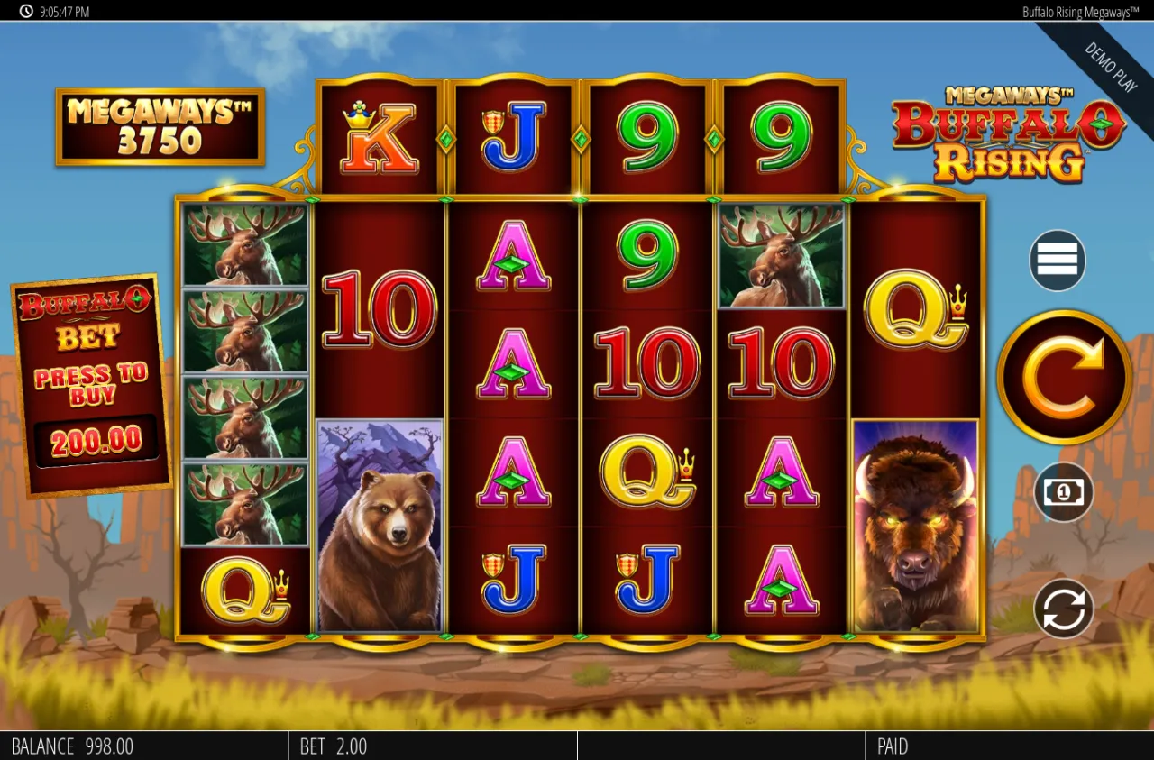 A third Buffalo Free Spins round at 131.40 with the golden cliffs lit behind the figure