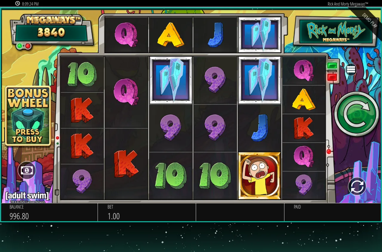 Early base grid at 3,840 ways with crystal premiums and the bonus buy prompt on the left