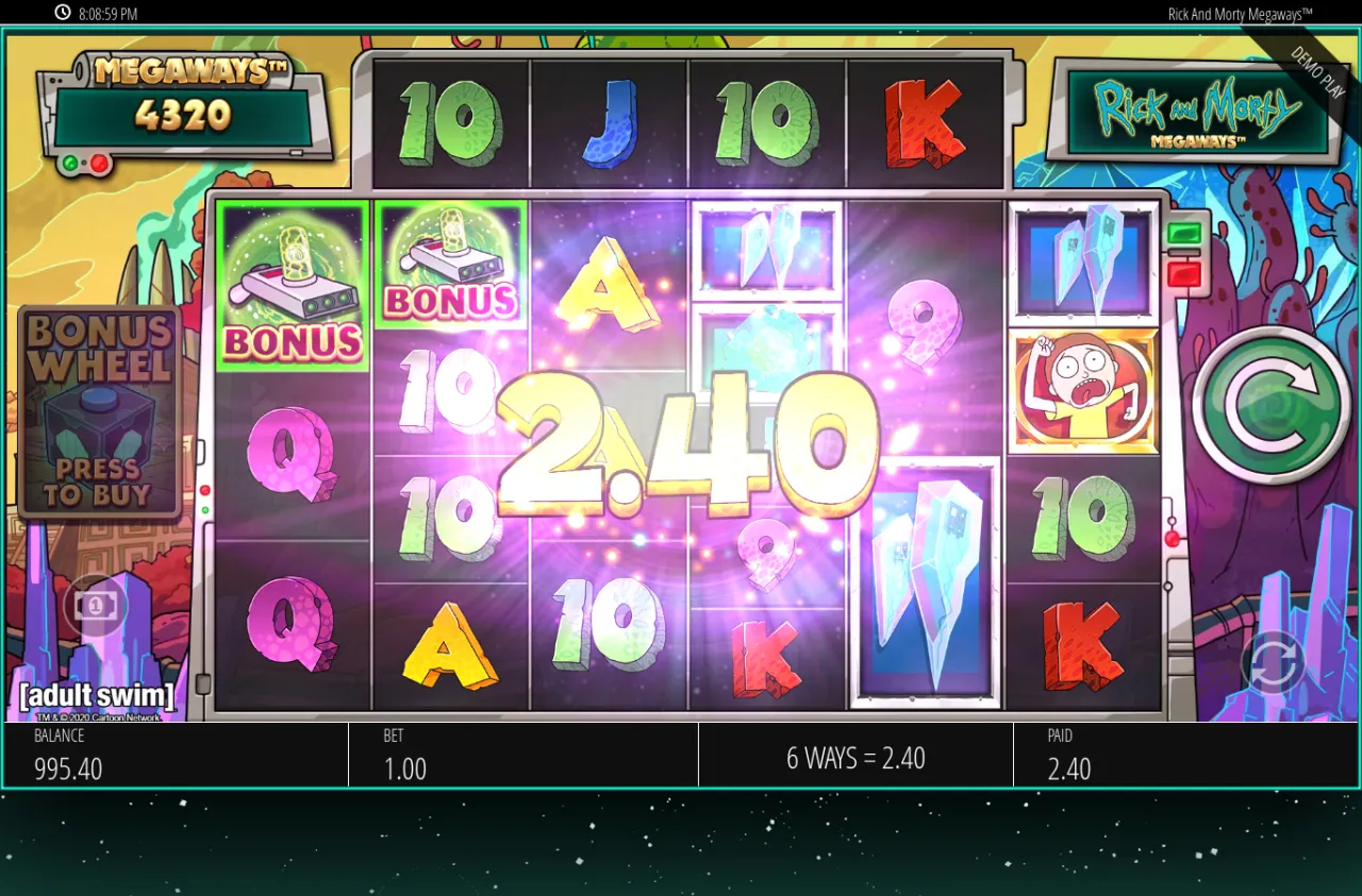 Cascade paying 2.40 across six ways with two BONUS scatters on reel one