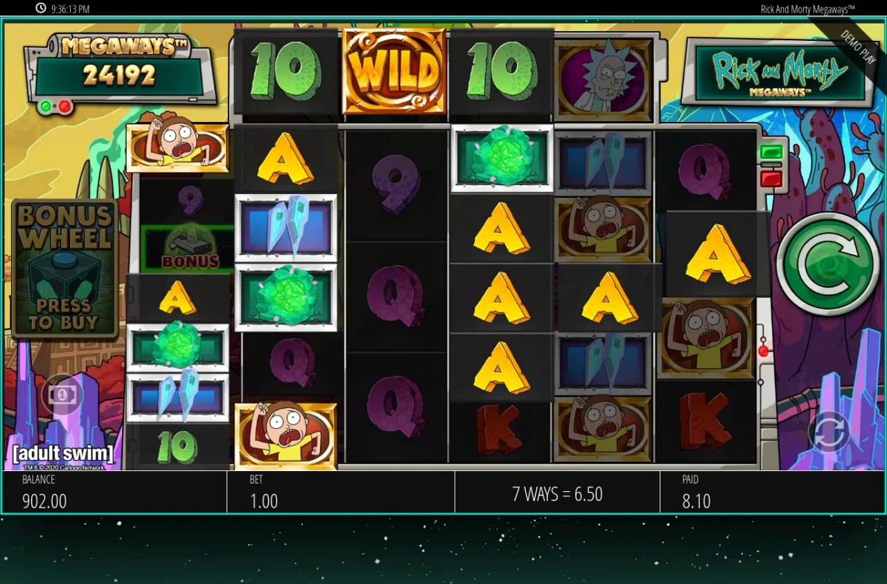 Base board at 24,192 ways with a WILD on the top row and a 6.50 seven-way win