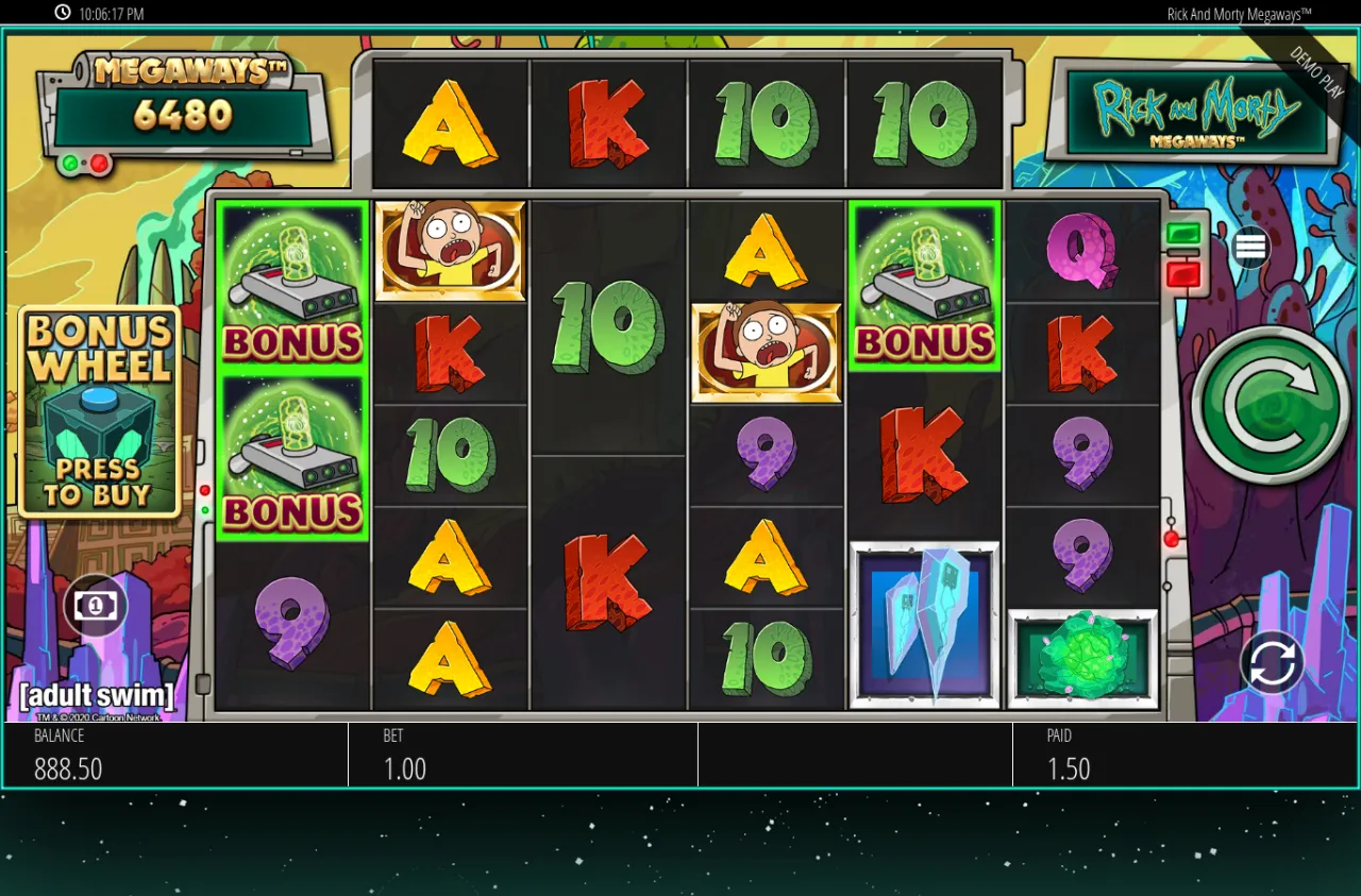 Two BONUS scatters on reel one and a third on reel five, a 1.50 win one position short of the wheel