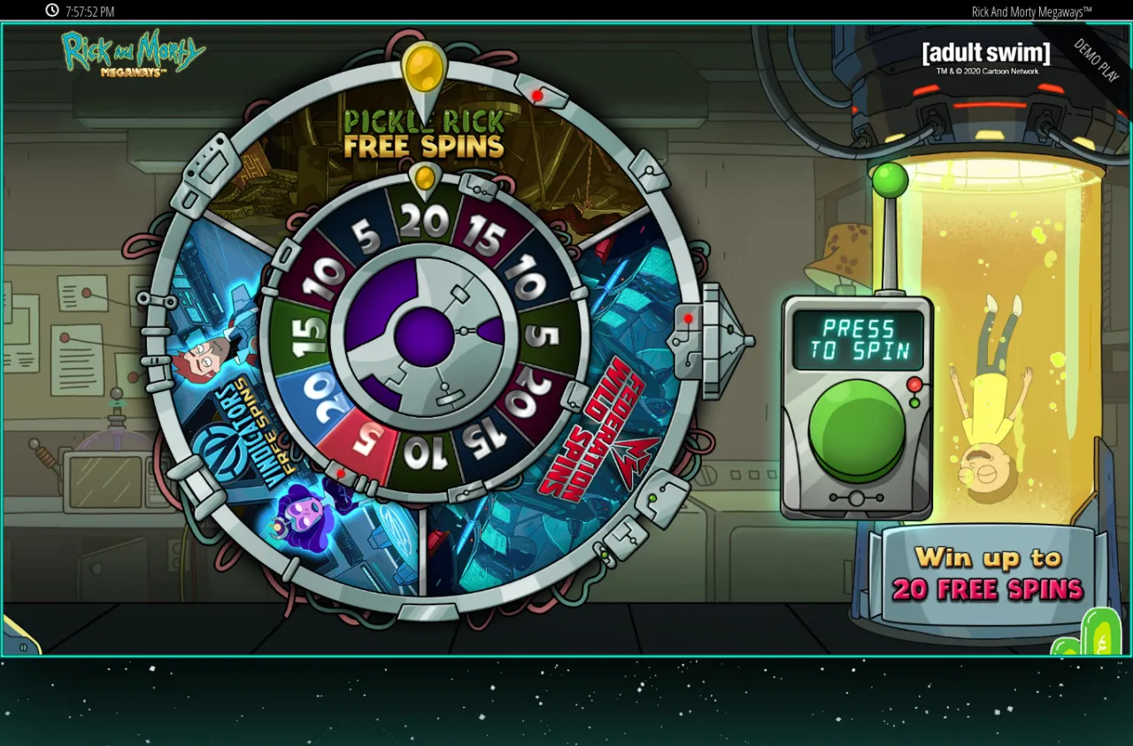 Pickle Rick Bonus Wheel with segments for free spins, Federation Wild Spins and Squanchy Quasar Spins