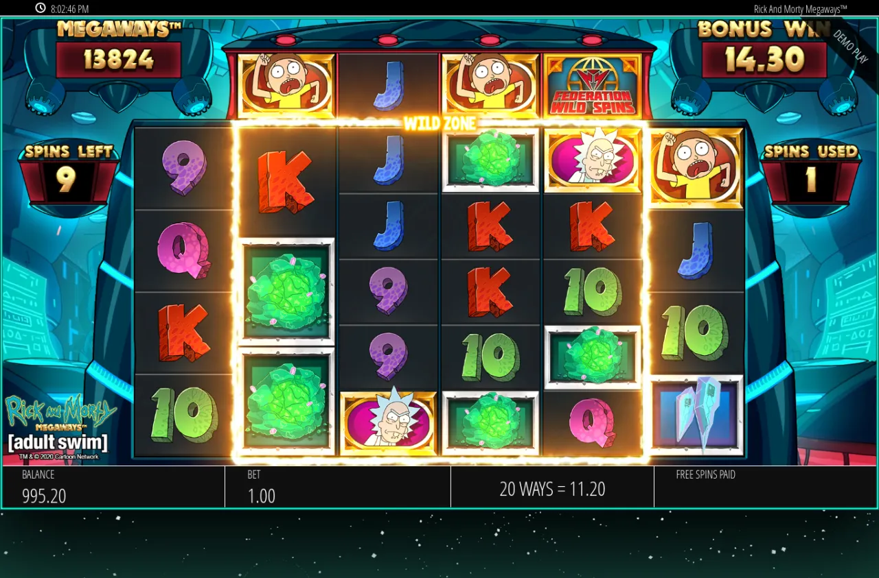 Federation Wild Spins cascade paying 11.20 across 20 ways at 13,824 ways