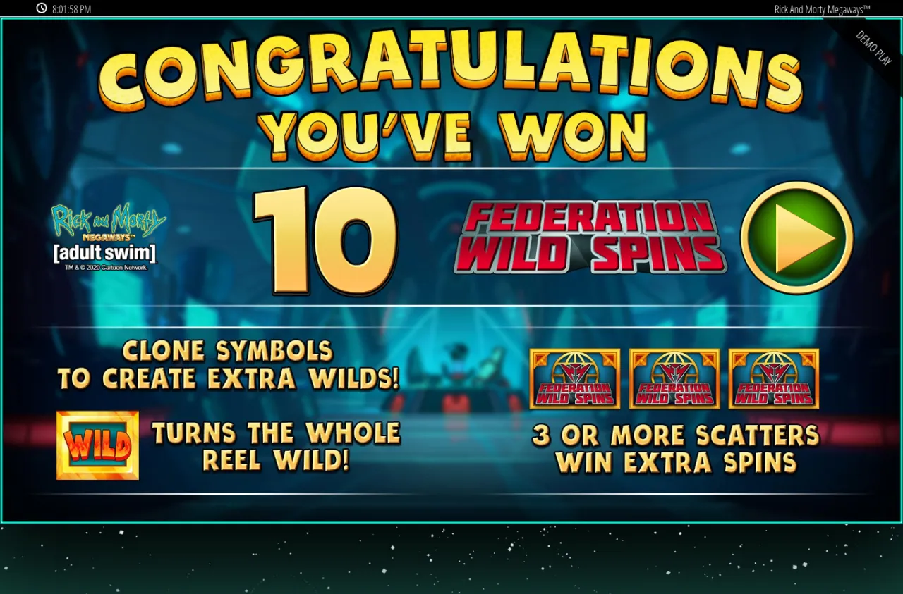 Wheel result screen showing 10 Federation Wild Spins awarded