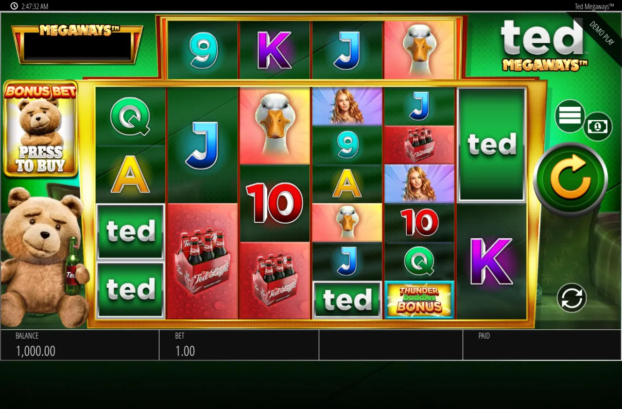 Ted Megaways six-reel grid with top reel, bet 1.00 and a 1,000 credit balance