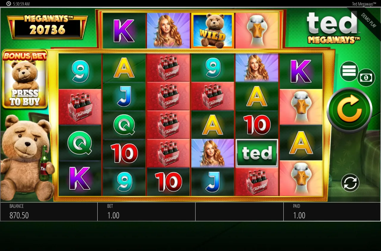 Ted Megaways ways count reading 20,736 on a tall cascading grid