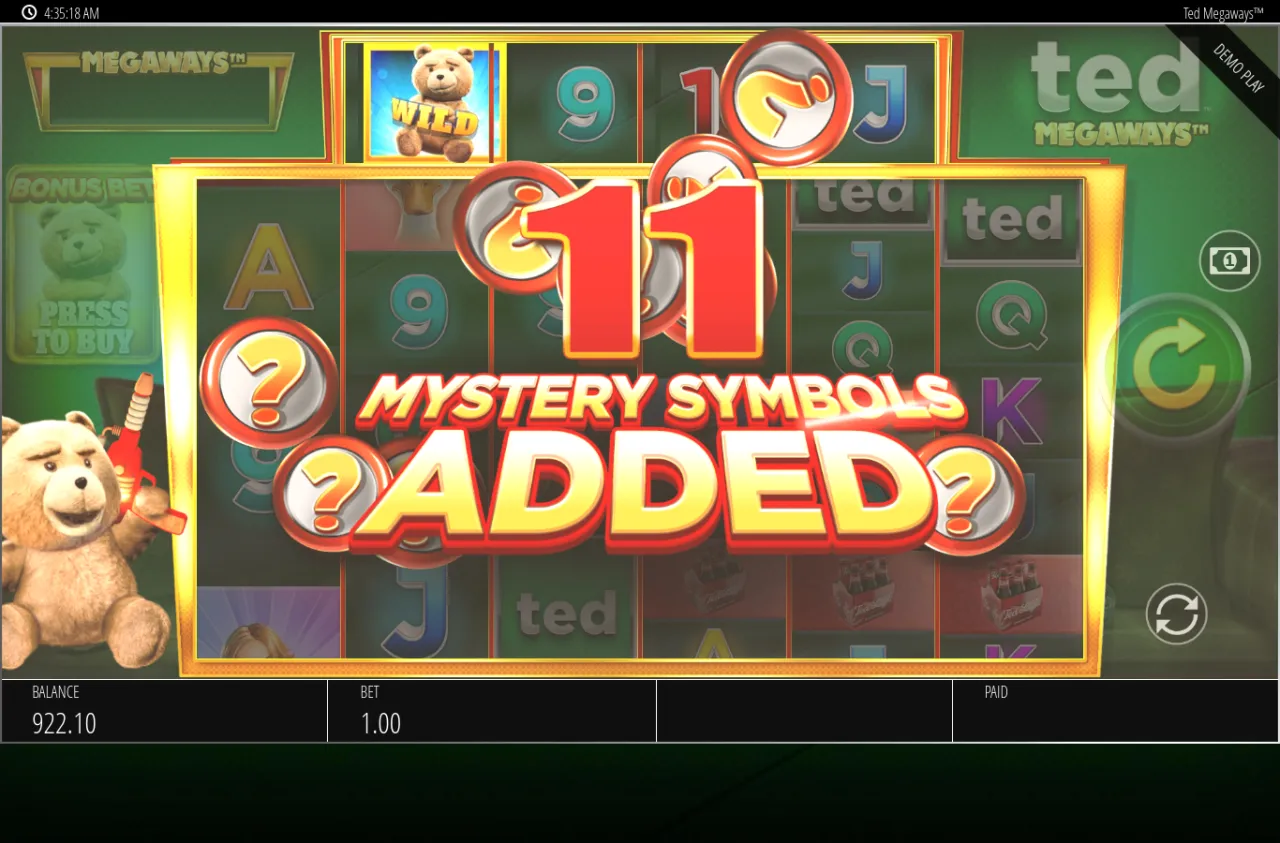 Ted Megaways grid with an 11 mystery symbols added banner