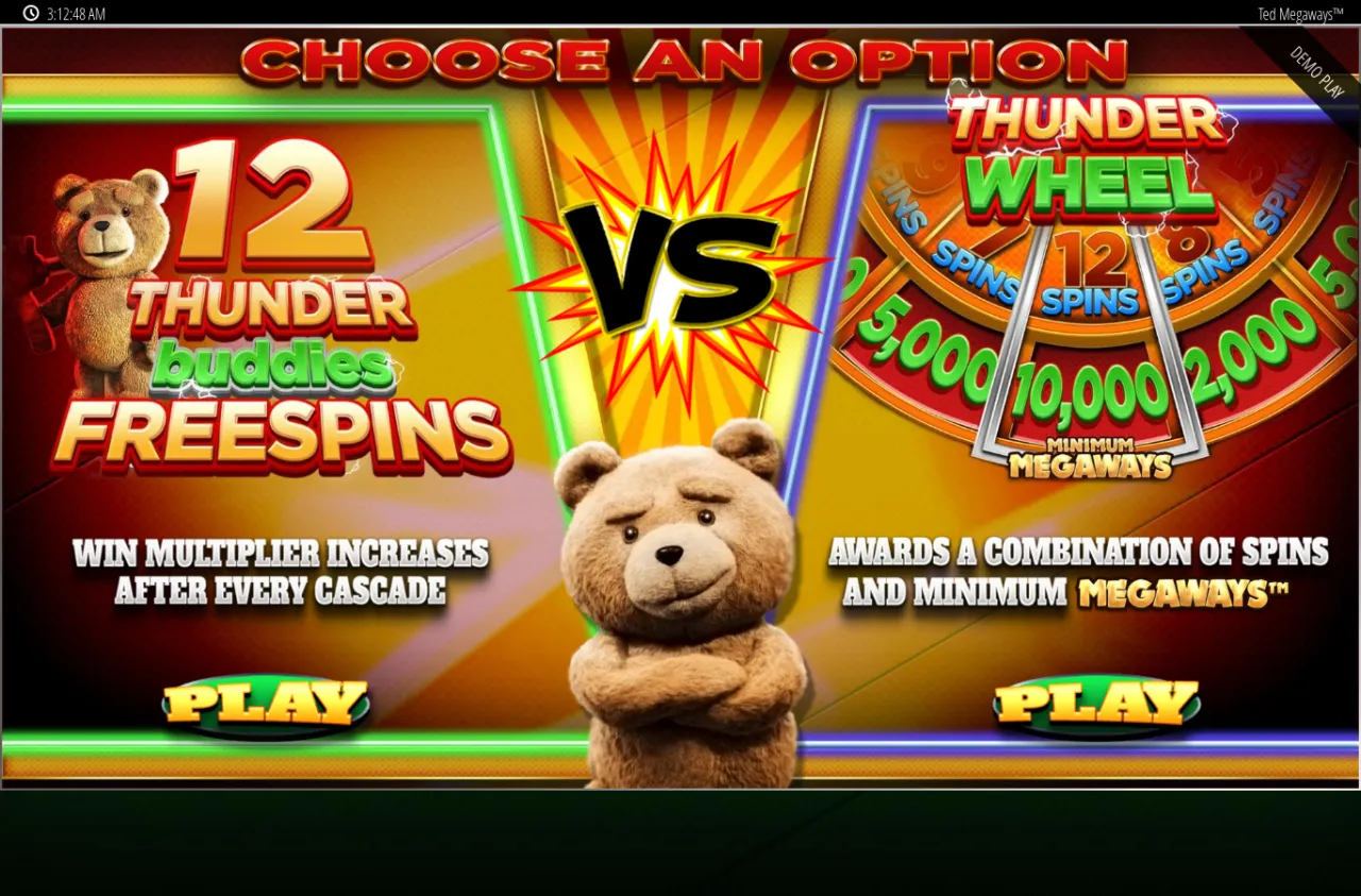 Ted Megaways CHOOSE AN OPTION bonus screen showing 12 Thunder Buddies Free Spins and the Thunder Wheel