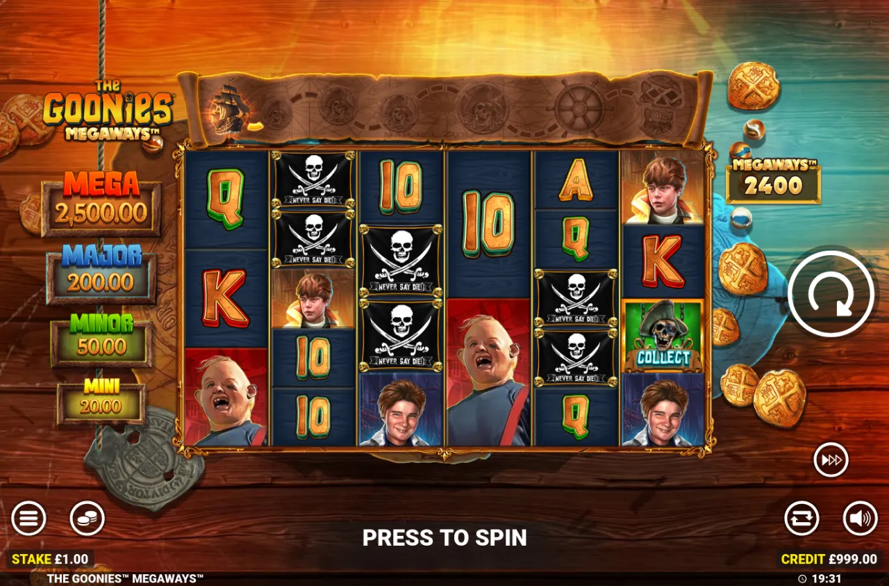 Idle reels under the treasure-map scroll with the four-tier jackpot ladder down the left side