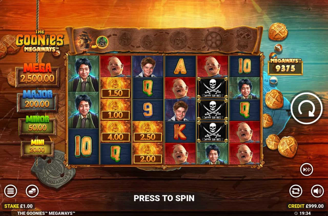 Base-game reel filled with a column of cash-coin prizes beside a pirate-flag symbol