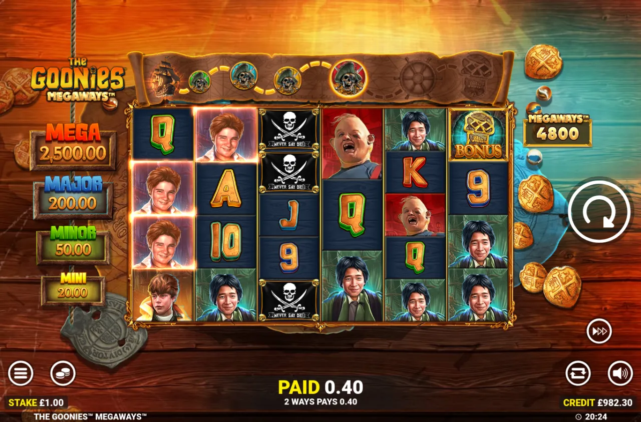 Two pirate flags and a skull bonus symbol on reel 6, a 0.40 line win showing