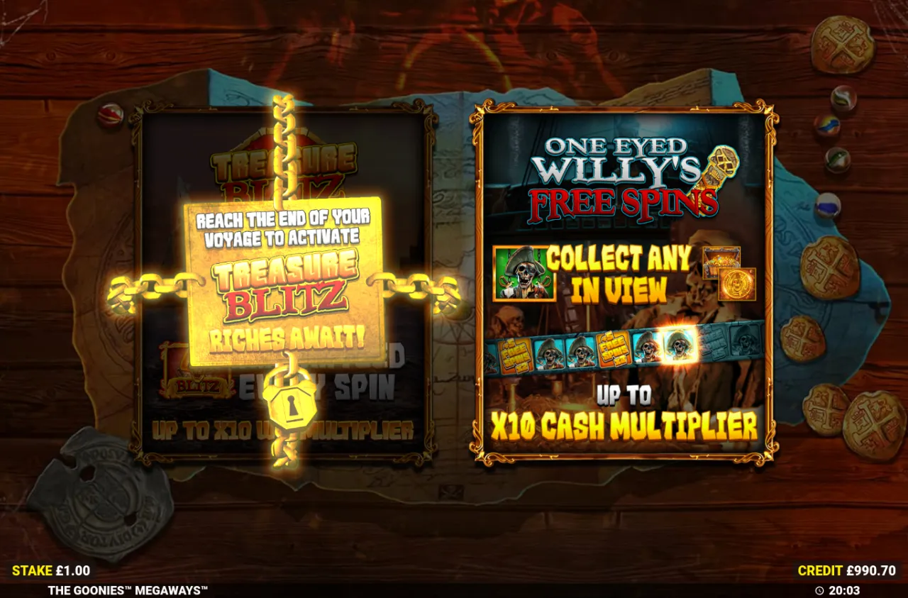 Feature briefing screen showing Treasure Blitz and One Eyed Willy's Free Spins, each listing an up to 10x multiplier