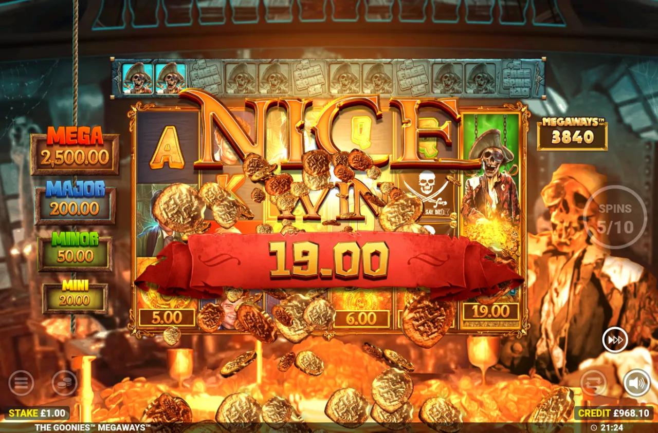 Free spins NICE WIN panel reading 19.00 with the chest-collect meter part filled along the top