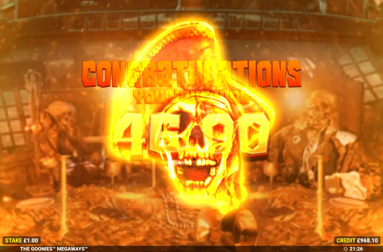 Flaming One Eyed Willy skull over a total-win panel reading 46.00