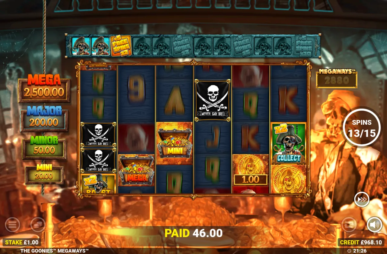Free spins reels with x2 BLAST and COLLECT chest tokens and a MINI jackpot chest on reel 3, PAID 46.00 banner above