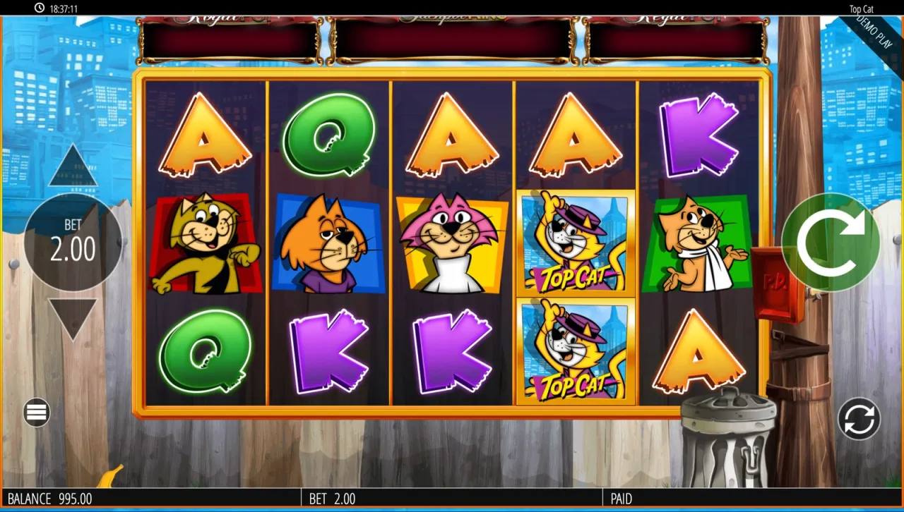 Base game with the Jackpot King pots overhead, 2.00 a spin