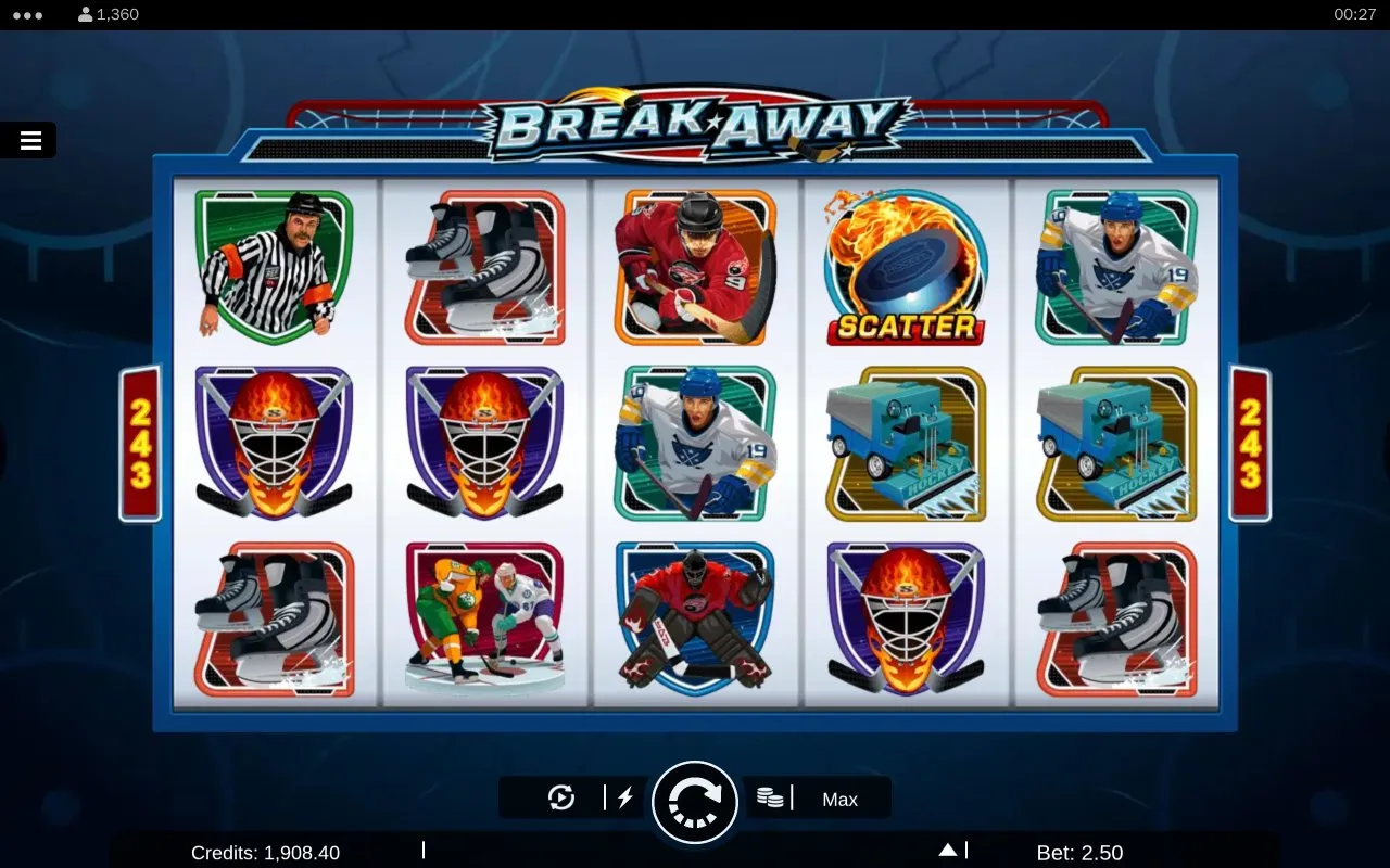 Break Away demo loaded at the idle state with a 2.50 stake and 1908.40 credits on the meter, a flaming-puck Scatter showing on the reels.