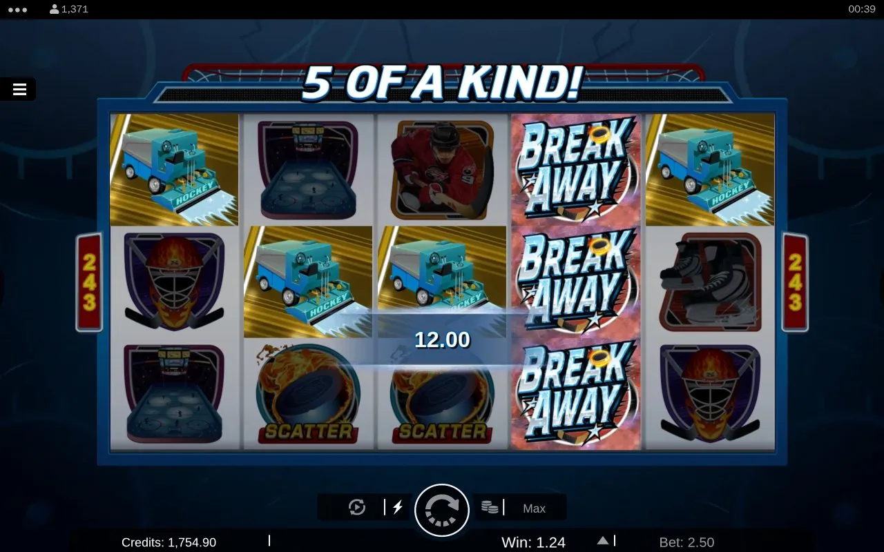 A 5-of-a-kind hit on the Break Away game-logo symbol with two flaming-puck Scatters present on the reels, the spin-win panel showing 12.00.