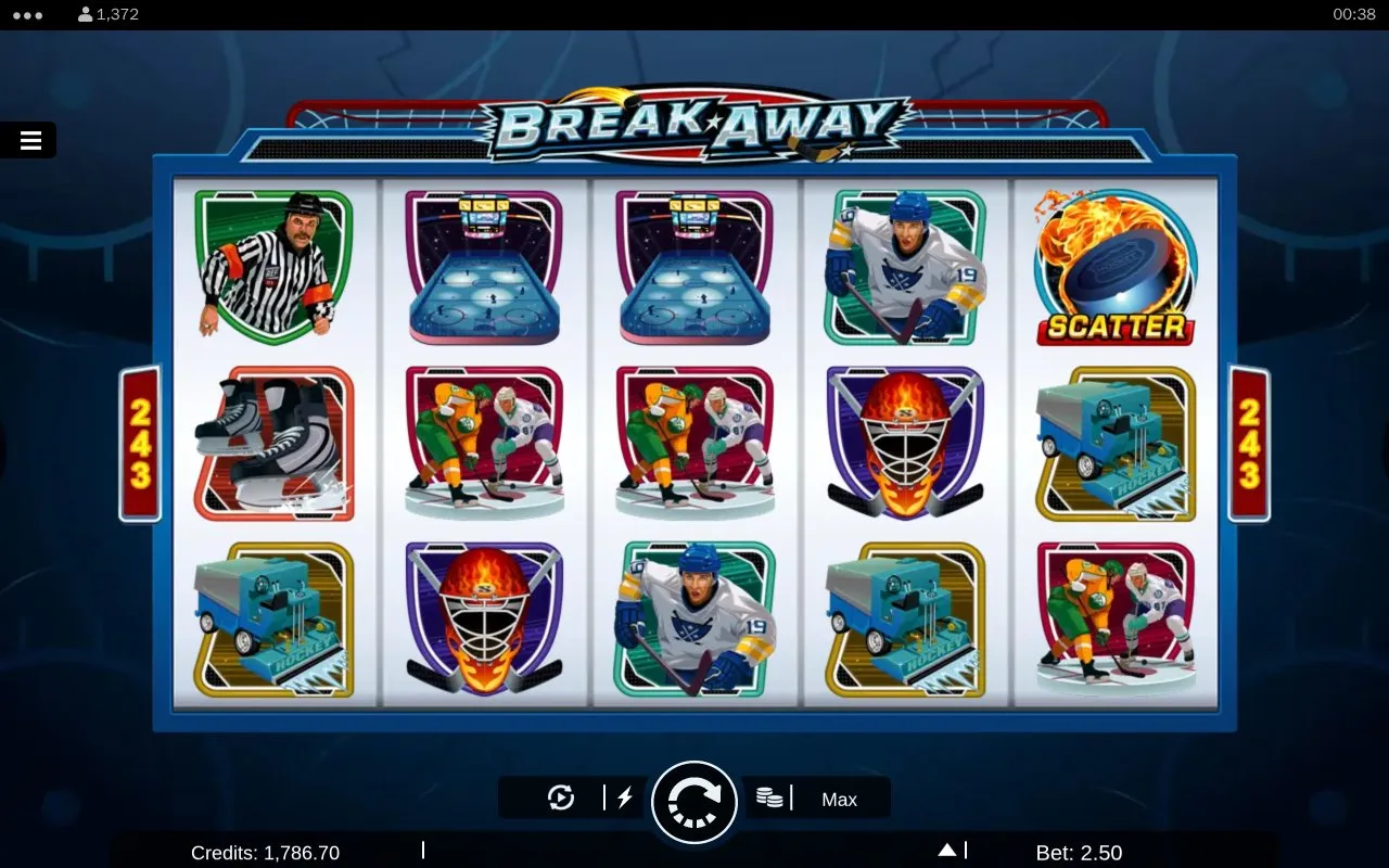 A settled base-game grid showing the hockey symbol set on the 243-ways layout, with the referee and goalie masks visible alongside the Zamboni.
