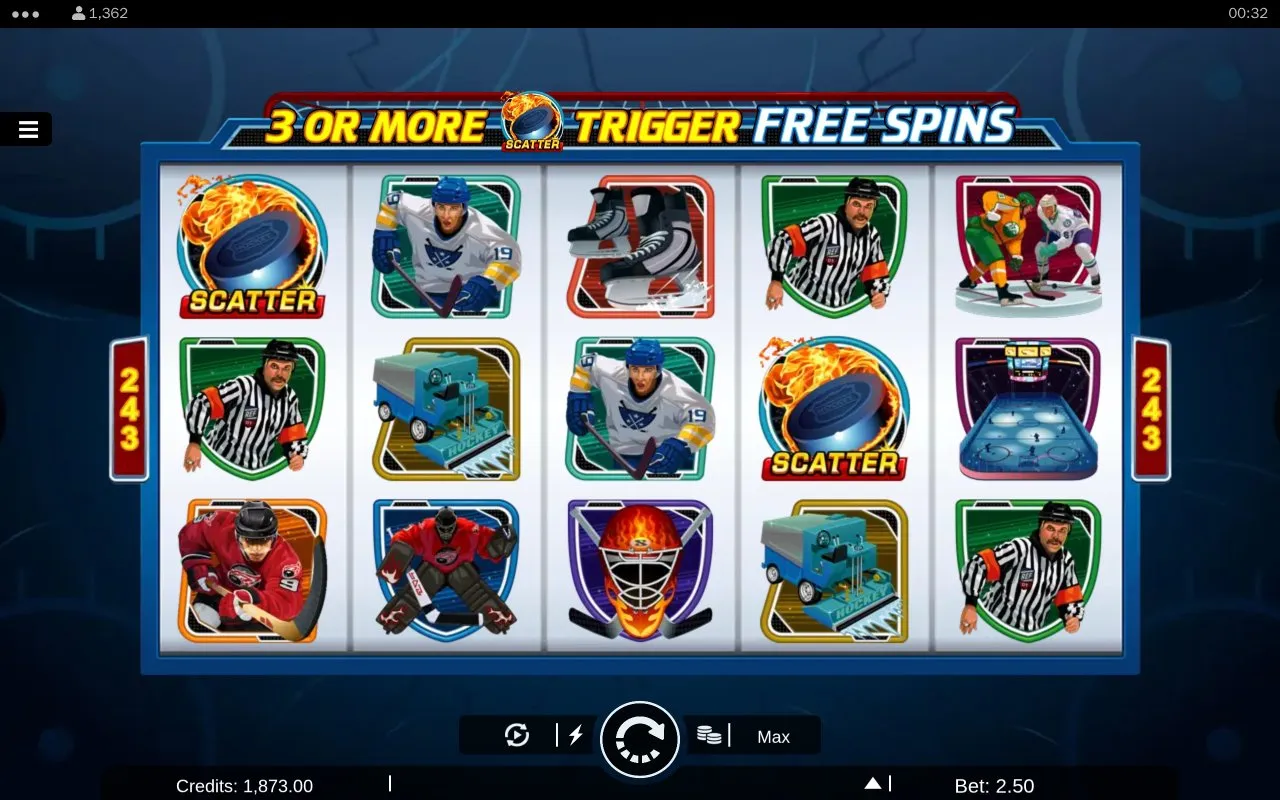 The base-game grid with two flaming-puck Scatters present and the on-screen header reading '3 or more Scatter trigger Free Spins', explaining how the bonus is entered.