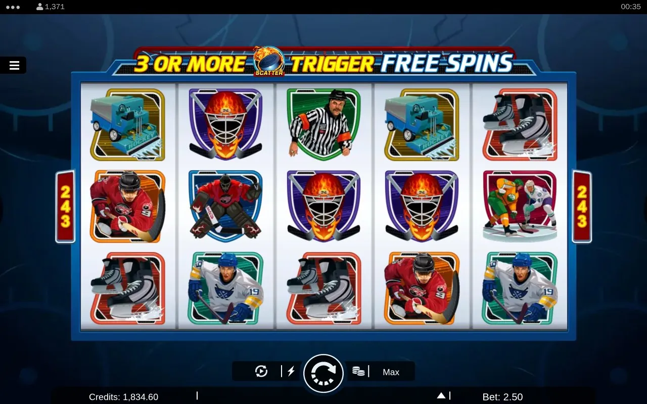 A second base-game grid in normal play, showing the same hockey symbol set from a different spin.