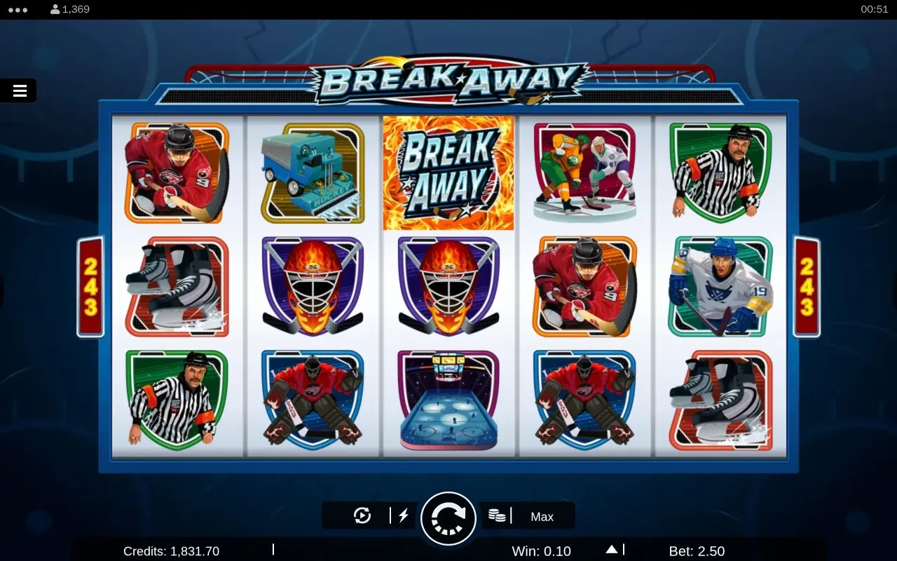 Base-game spin with a single stacked BREAK AWAY wild on the centre reel and a small 0.10 line win.