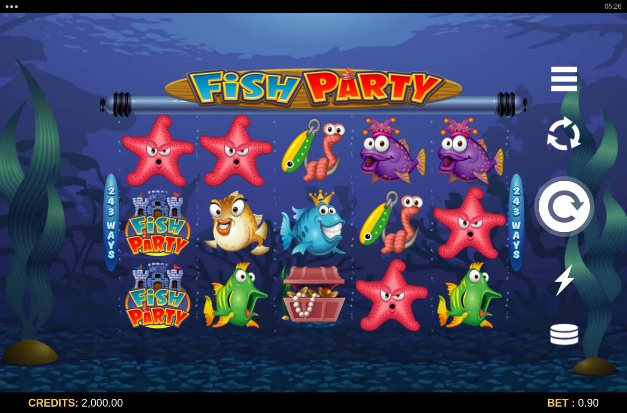 Fish Party 5x3 grid at session start, balance 2,000 and bet 0.90