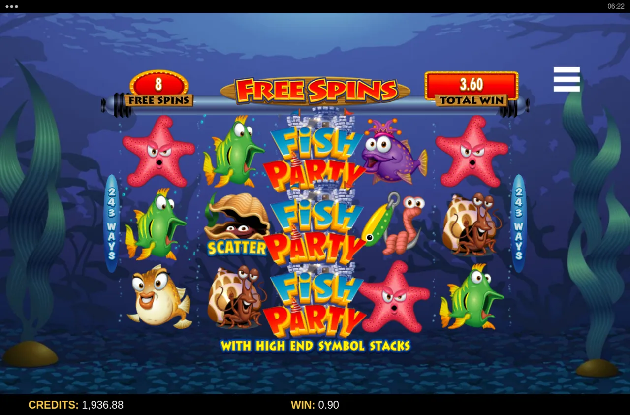 Free spins counter showing remaining spins and a Fish Party stack on reel 3